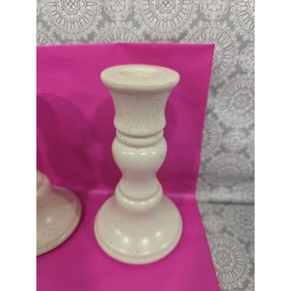 Pair 6" Cream Speckled Ceramic Taper Candle Holders Farmhouse Rustic Mantel - Picture 2 of 5